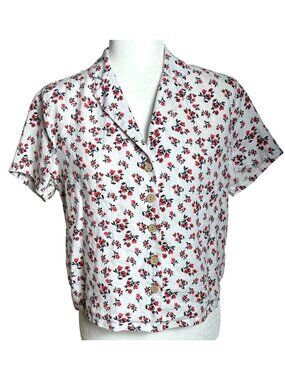 Cynthia Rowley Linen Button Shirt Red Floral Boxy Blouse Top Crop Preppy Wom XS